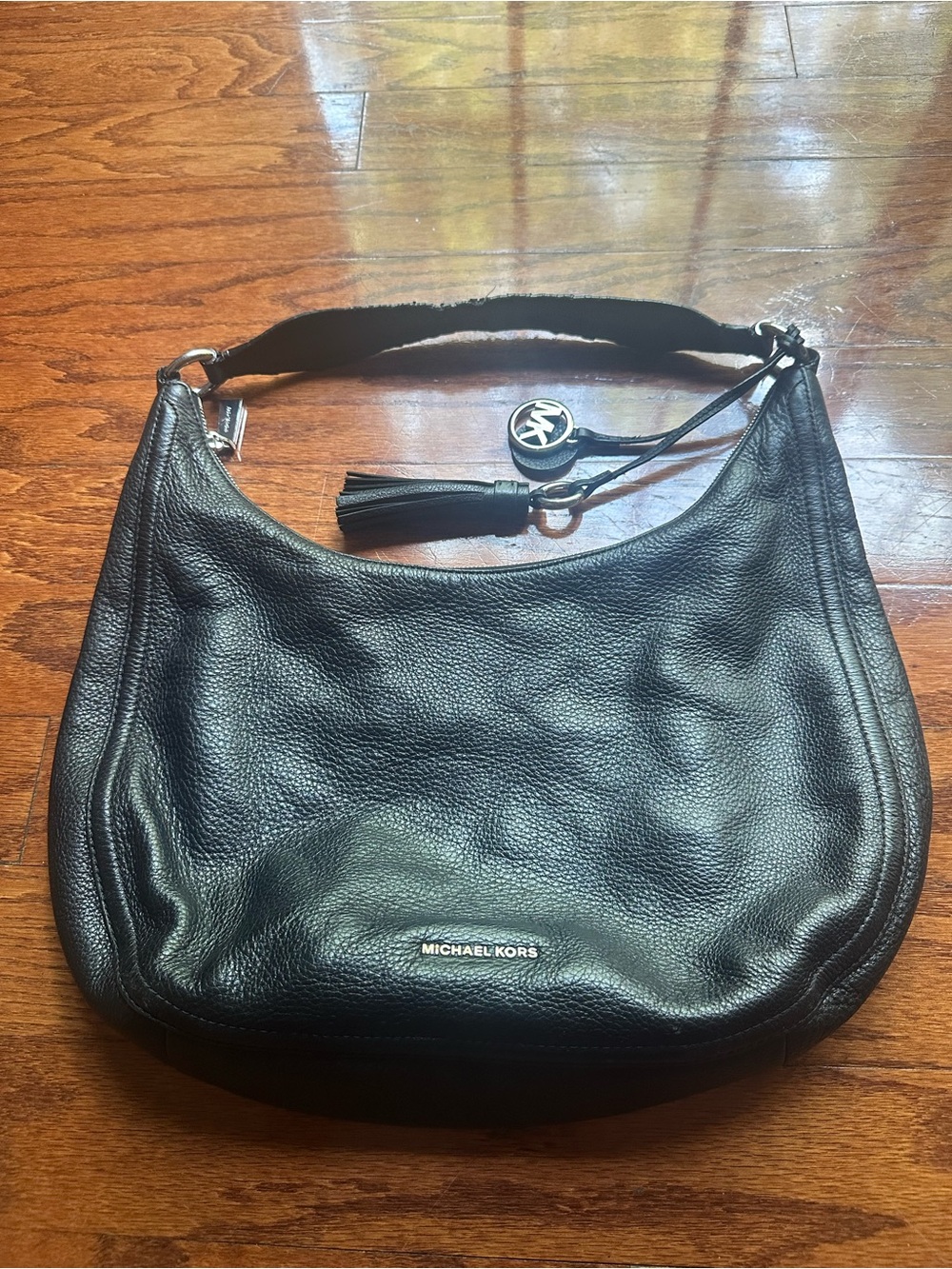 Michael Kors Black Pebbled Leather Shoulder Bag with Tassel Charm